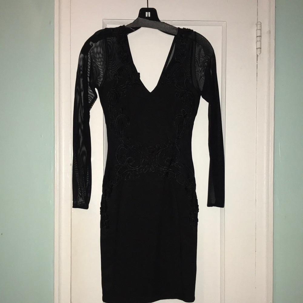 Mini body con dress with mesh long sleeves